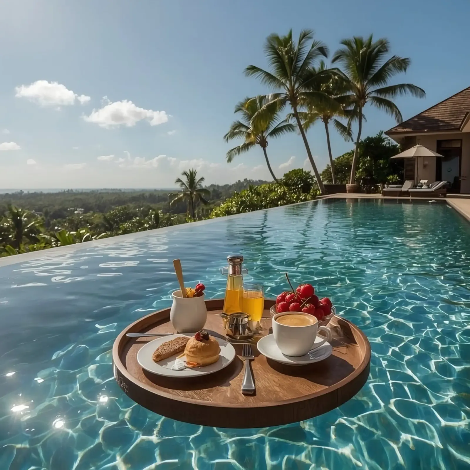 Breakfast Tray Floating in Infinity Pool with Palm Trees canvas with Floater frame by DesignDoodle