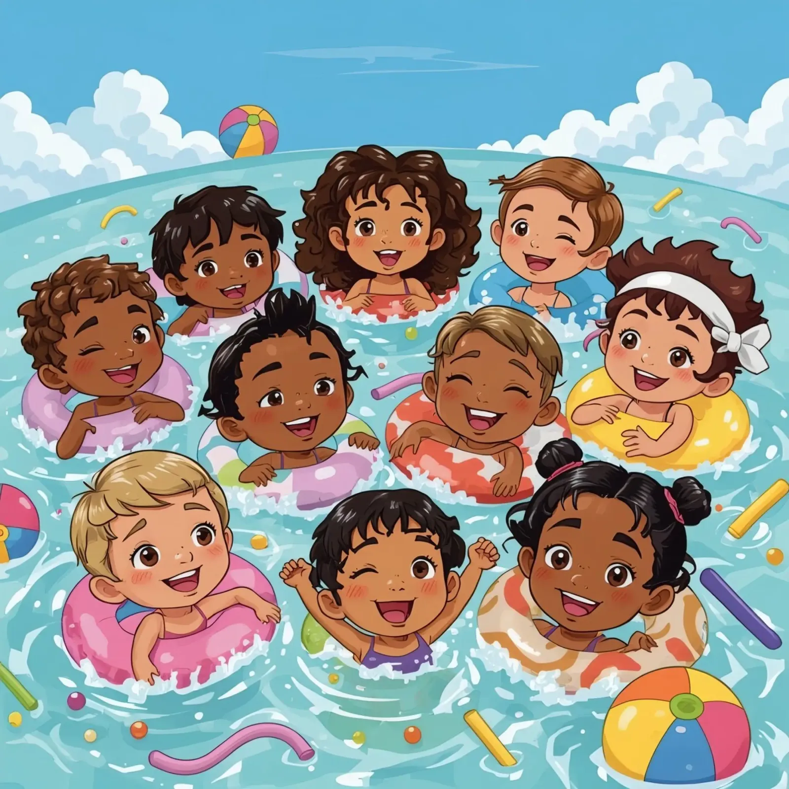 Dibujos animados de niños nadando con anillos hinchables poster de DesignDoodle