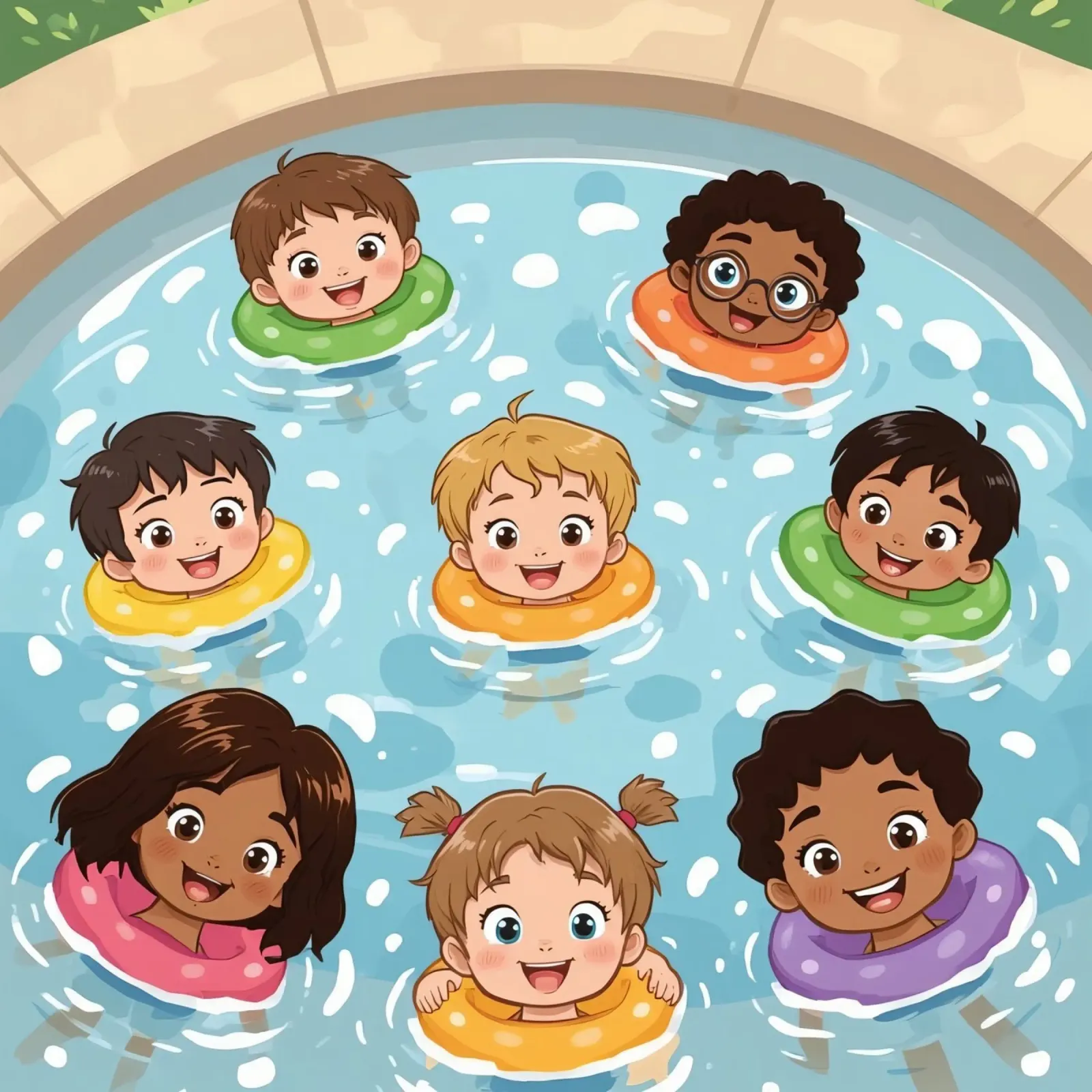 Children Floating in Pool with Swim Rings Cartoon canvas with Floater frame by DesignDoodle