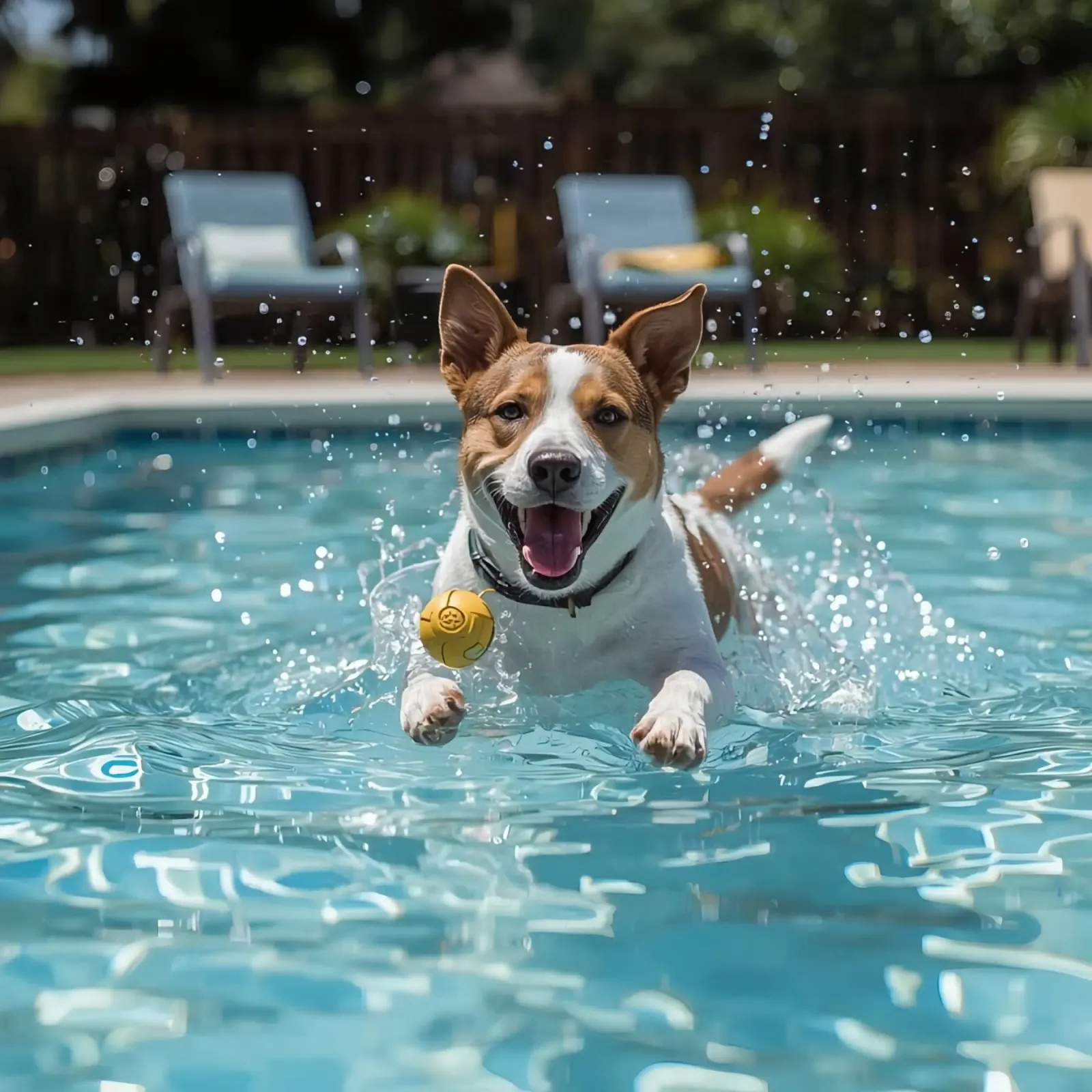 Dog Swimming in Pool with Ball canvas with Floater frame by DesignDoodle