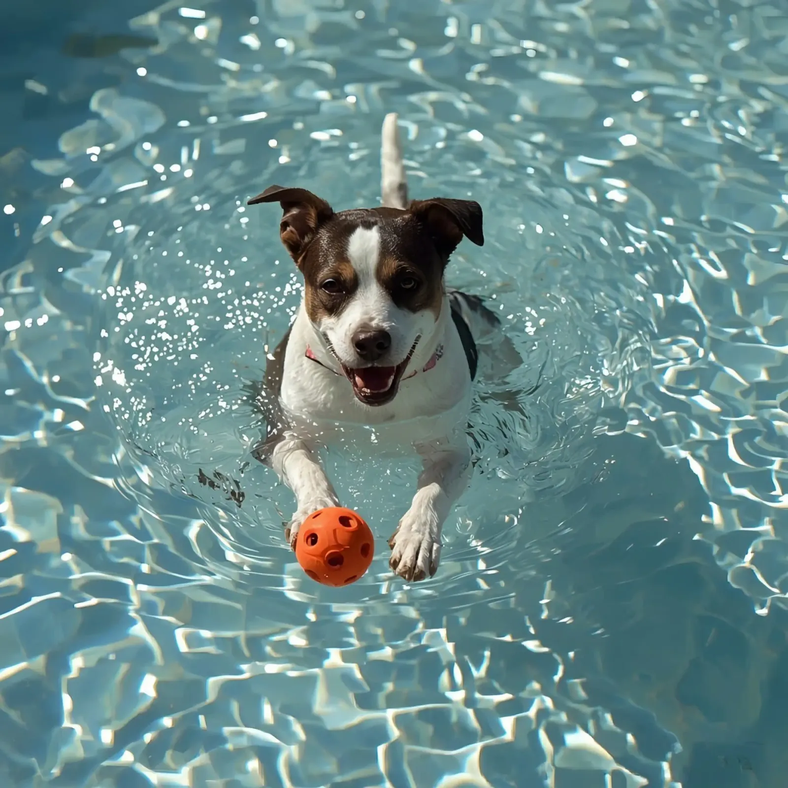Chien nageant dans une piscine avec une balle orange poster avec cadre en plastique de DesignDoodle