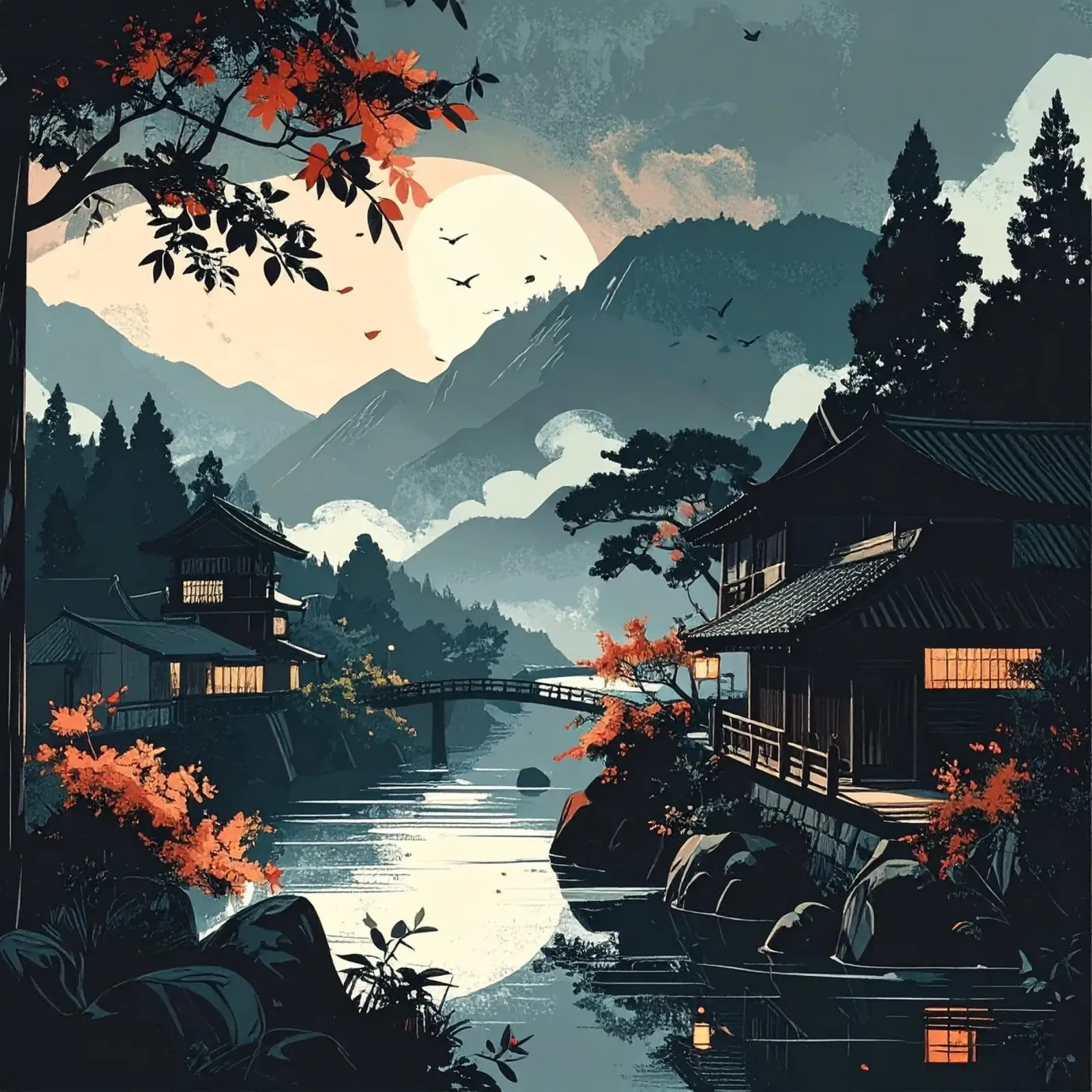 Paesaggio notturno in Giappone poster con telaio in alluminio da pixel