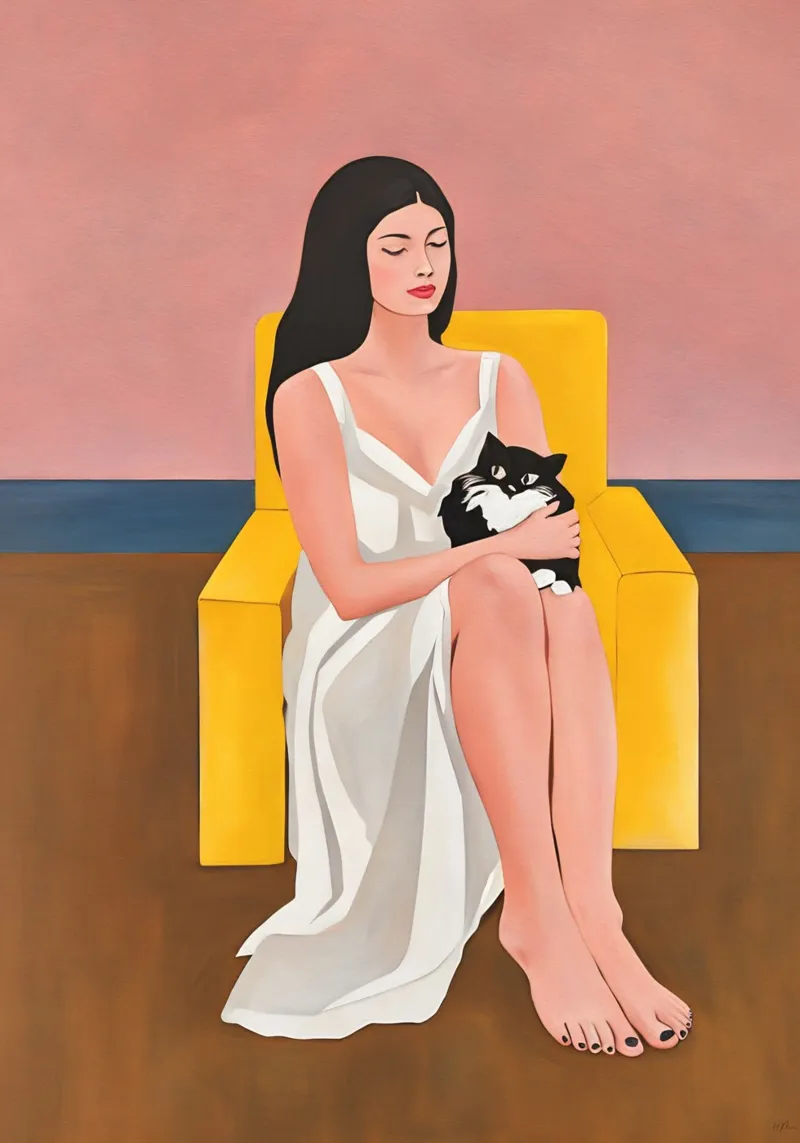 Minimalist Woman with Cat in Yellow Chair, Modern Figurative Poster von Hecate Pim Designs