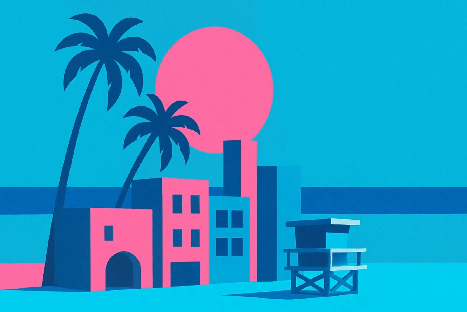 Venice Beach Pop - Palmieri e palazzi in rosa tela con Cornice a cassetta da JETLAG | affiches voyage