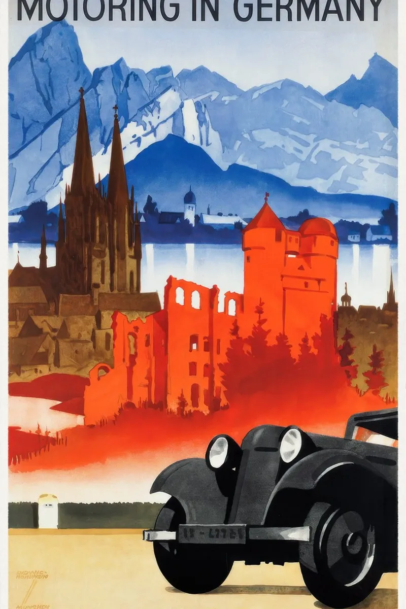 Poster "Motoring in Germany", arte di viaggio d'epoca, auto, castellana tela con Cornice a cassetta da homdeco