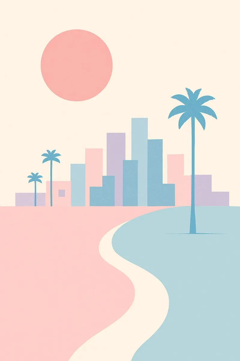 Costa pastello della California - Palmieri, edifici e spiagge minime poster con telaio in legno da JETLAG | affiches voyage