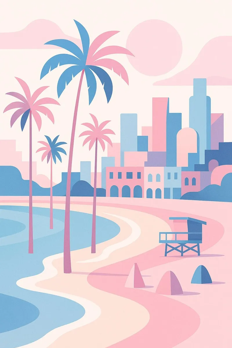 Venice Beach Paradise - Plage pastello e skyline artistico pellicola backlit da JETLAG | affiches voyage