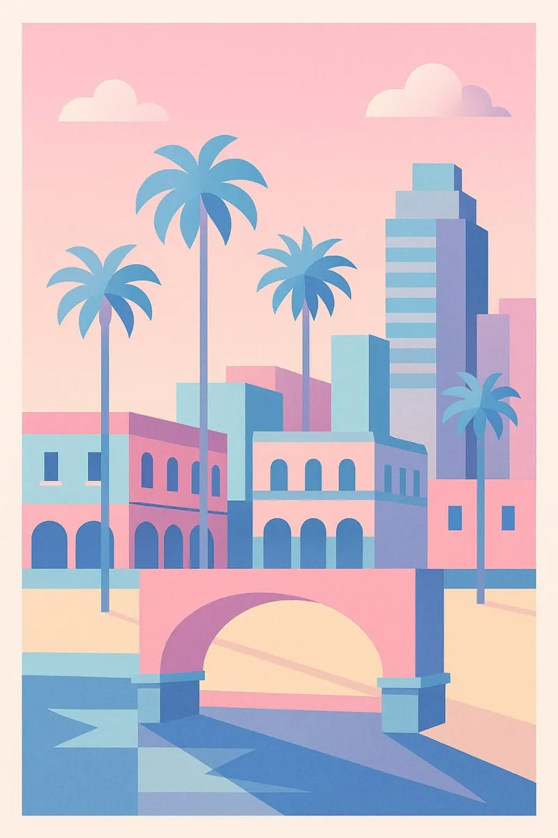 Venice Arches - Palm trees and arcades in pastel tones canvas with Floater frame by JETLAG | affiches voyage