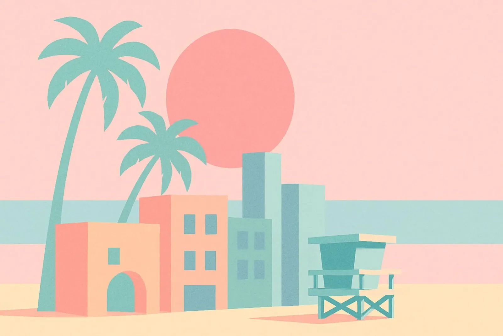 Venice Sunset Vibes – Architecture & palmiers en tons doux hahnemühle de JETLAG | affiches voyage