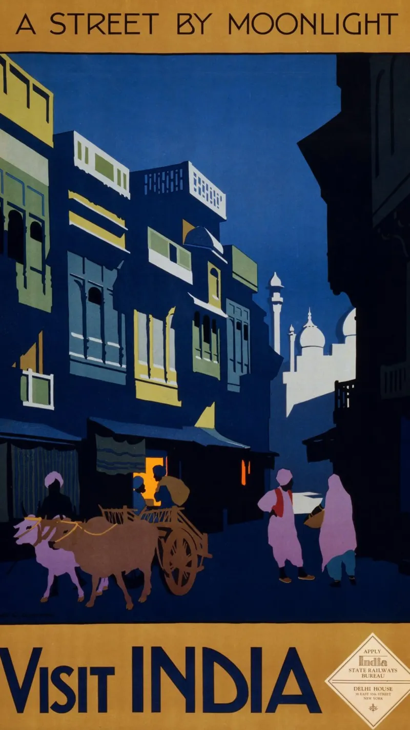 Poster India "Una strada al chiaro di luna", arte di viaggio d'epoca, Ar tela con Cornice a cassetta da homdeco