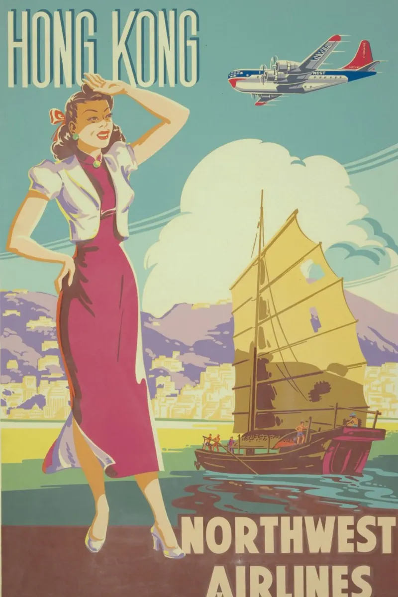 Poster d'epoca di Hong Kong, Northwest Airlines, viaggio retrò A poster con telaio in plastica da homdeco