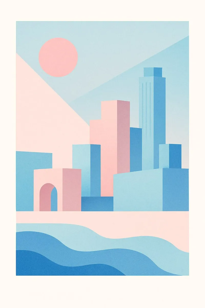 Sunset Arches - Palm trees and arcades in a pastel setting alu-dibond by JETLAG | affiches voyage