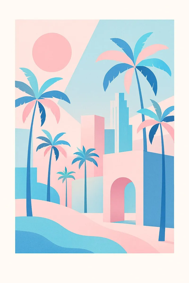 L.A. Geometrica - Architecture & ocean in pink and blue hahnemühle by JETLAG | affiches voyage