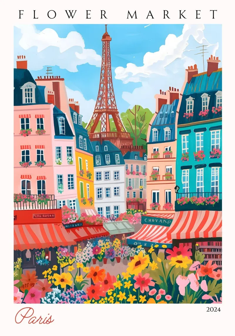 Mercato dei fiori di Parigi, Torre Eiffel, Arte vibrante, Poster di Parigi poster con telaio in alluminio da homdeco