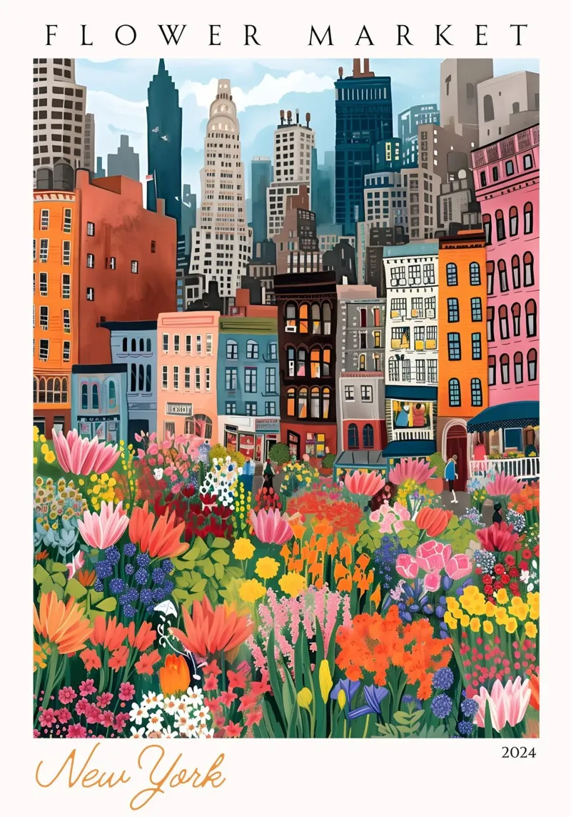 Bloemenmarkt New York, Stadsgezicht, Moderne kunst, Levendige kunst canvas met Baklijst van homdeco