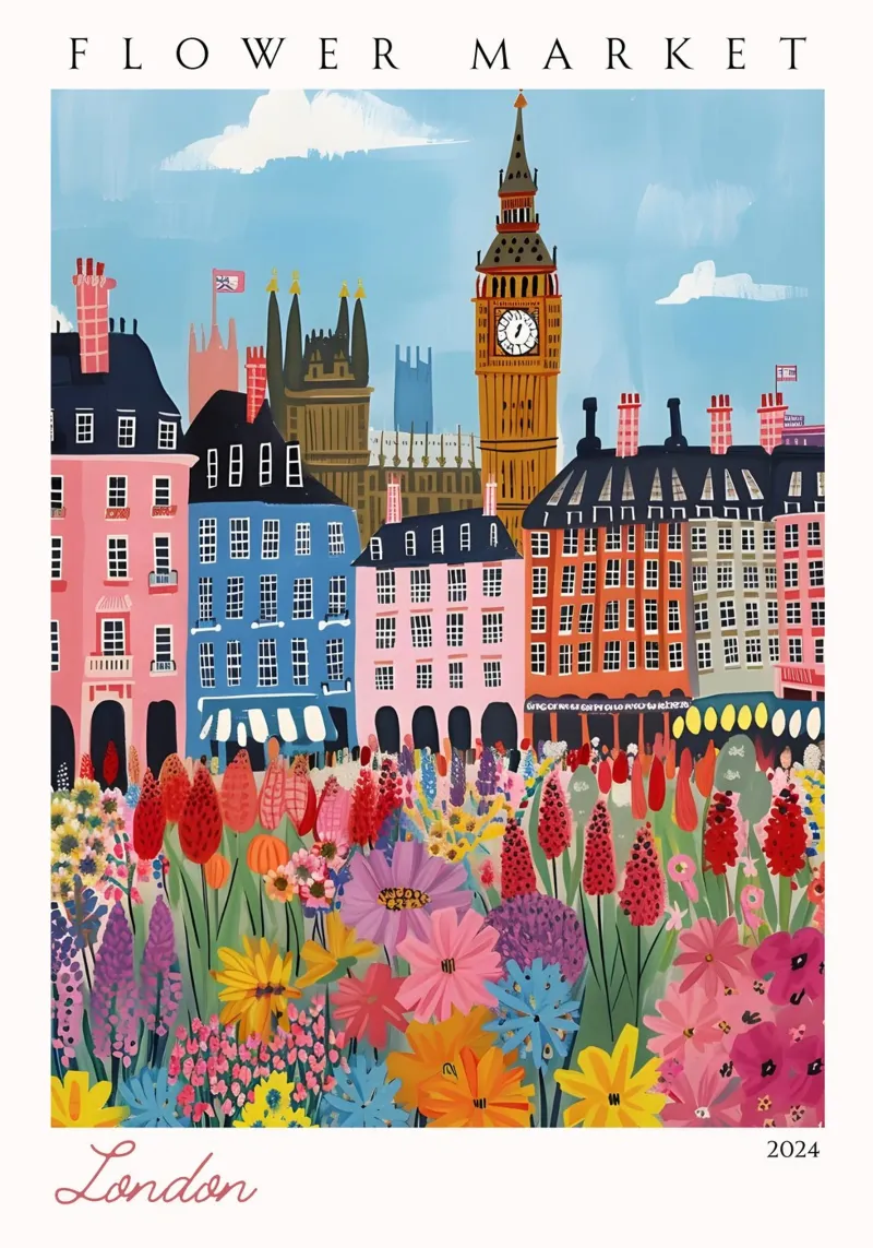 Mercato dei fiori di Londra, Big Ben, Westminster, arte moderna, città poster con telaio in legno da homdeco