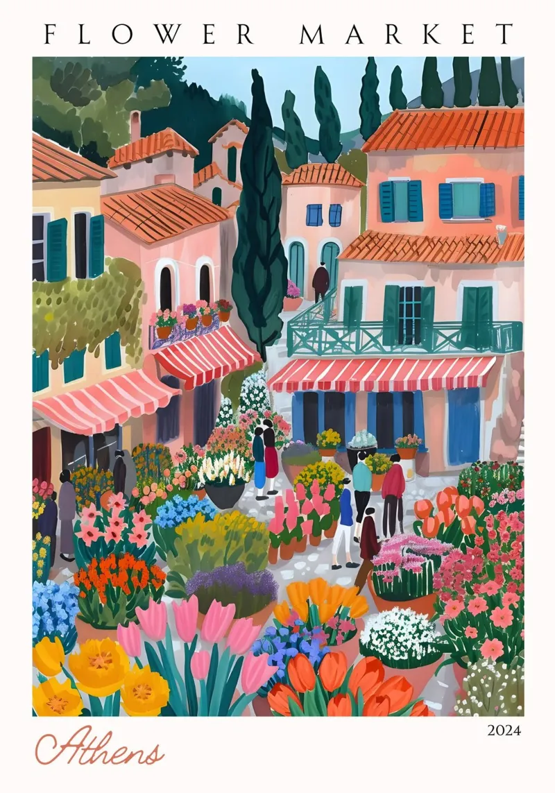 Mercato dei fiori di Atene, paesaggio urbano greco, arte vibrante, Grecia P poster con telaio in legno da homdeco