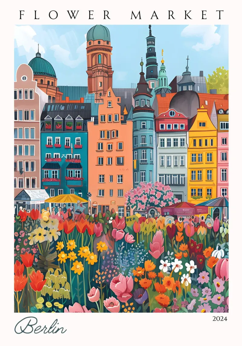 Bloemenmarkt Berlijn, Duitsland, Levendige kunst, Stadsgezicht canvas met Baklijst van homdeco