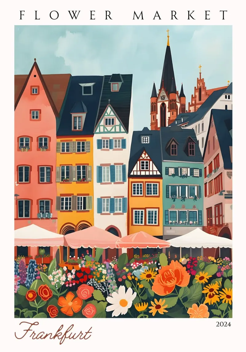 Bloemenmarkt Frankfurt, Duitsland, Levendige kunst, stadsgezicht canvas met Baklijst van homdeco