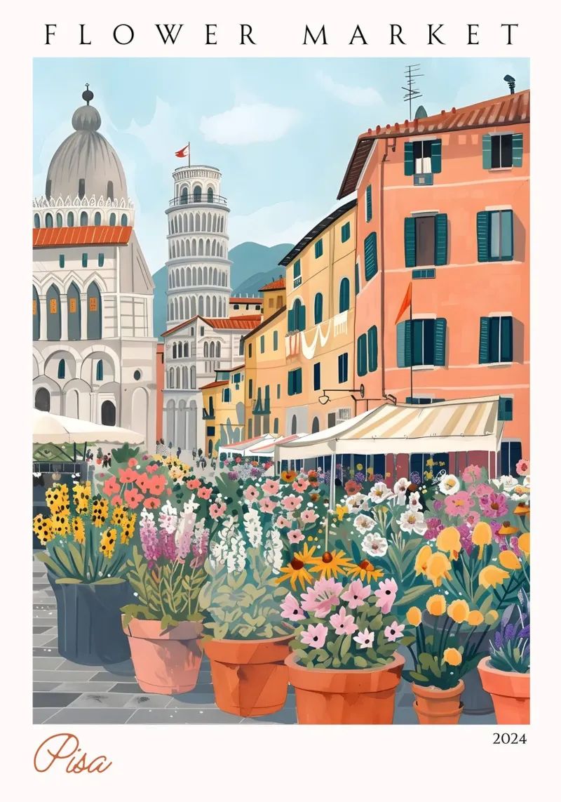 Bloemenmarkt van Pisa, Scheve Toren, Italië, Levendige Kunst canvas met Baklijst van homdeco