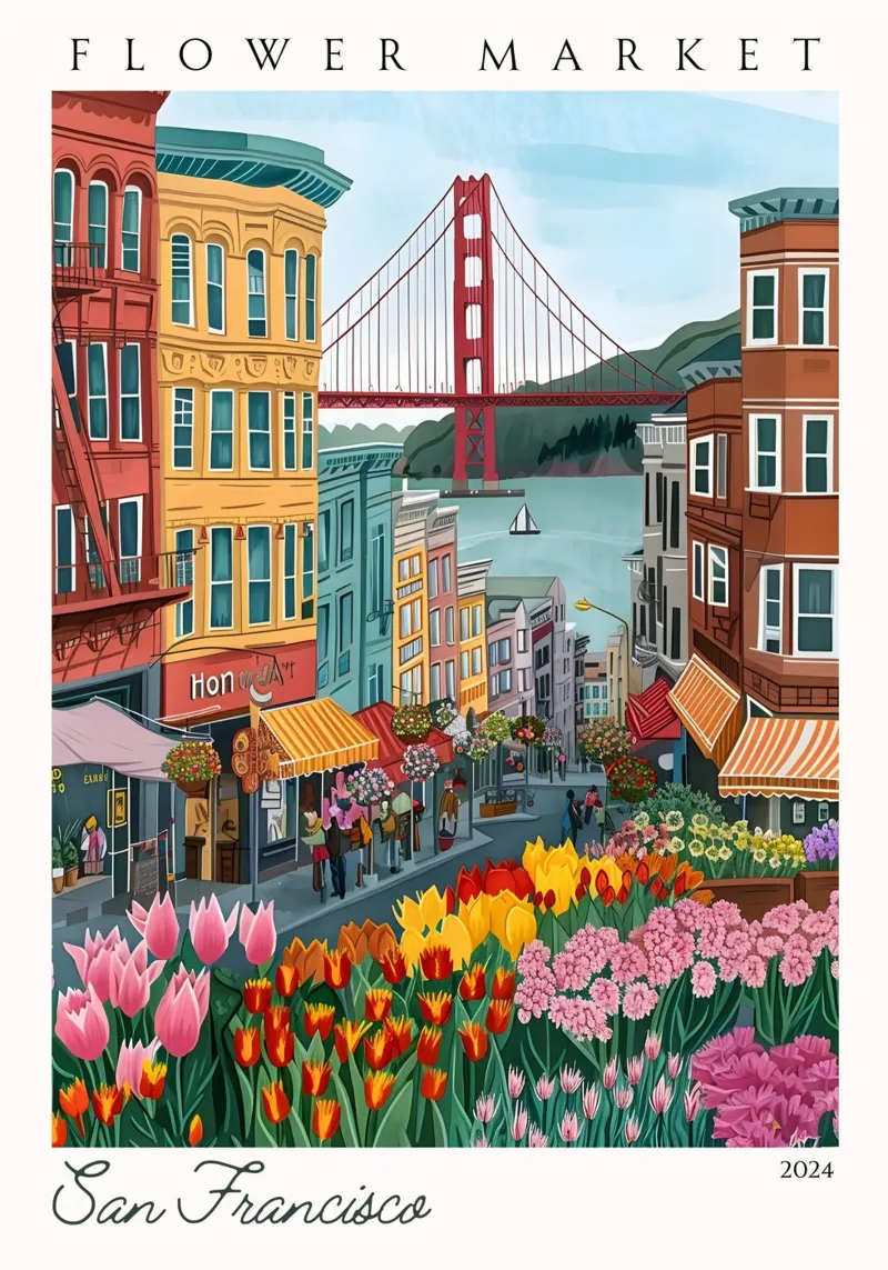 Bloemenmarkt in San Francisco, Golden Gate Bridge, Levendige kunst canvas met Baklijst van homdeco