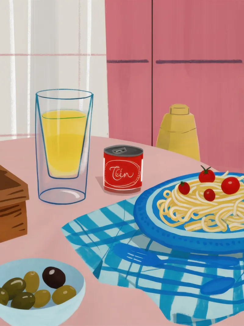 Cena a base di pasta a scacchi poster con telaio in legno da Irish Strokes