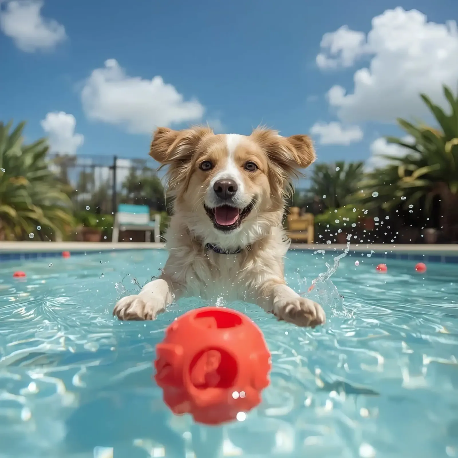 Dog Swimming in Pool with Red Ball canvas with Floater frame by DesignDoodle