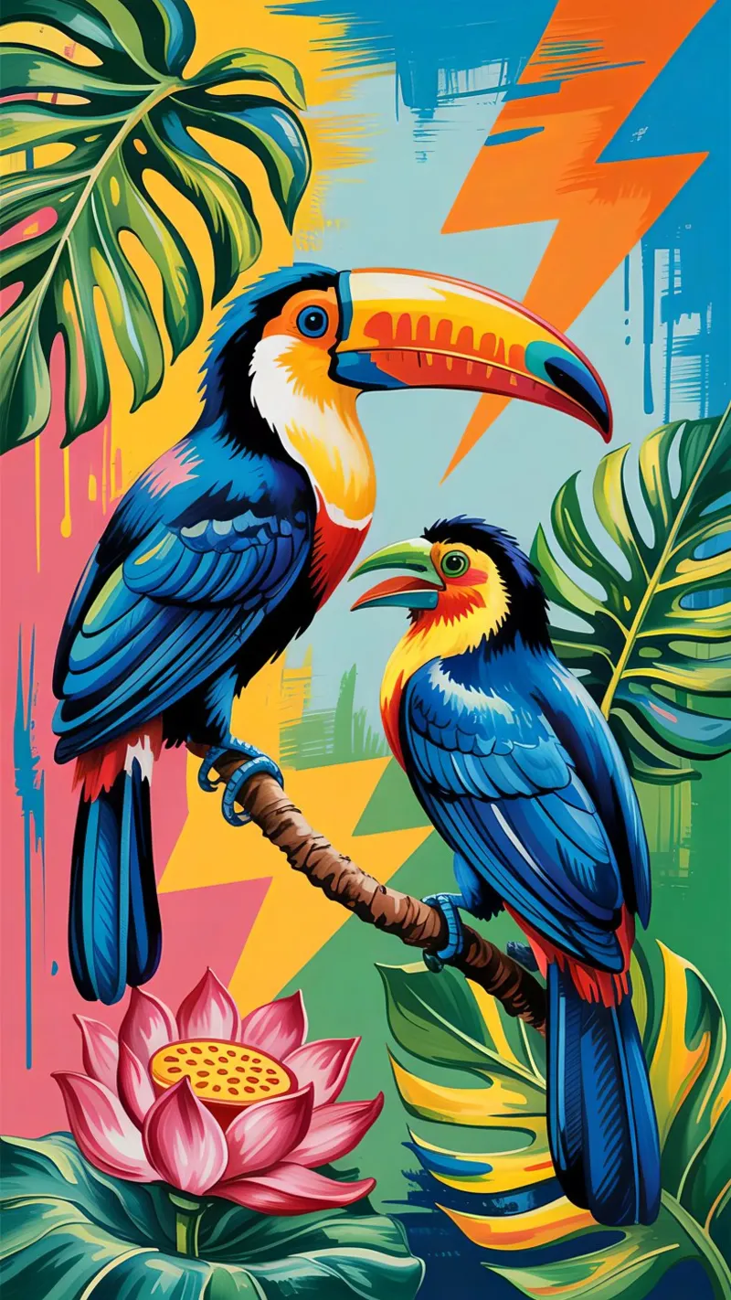 Monstera and Bird toucan Forest poster con telaio in alluminio da Jeff Studio