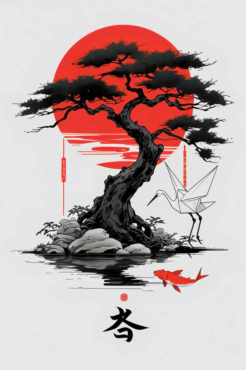 Japanese Style Crane and Tree poster con telaio in plastica da Jeff Studio