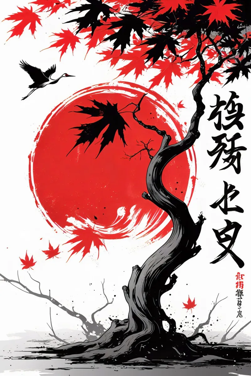 Japanese Style Crane and Tree poster con telaio in plastica da Jeff Studio
