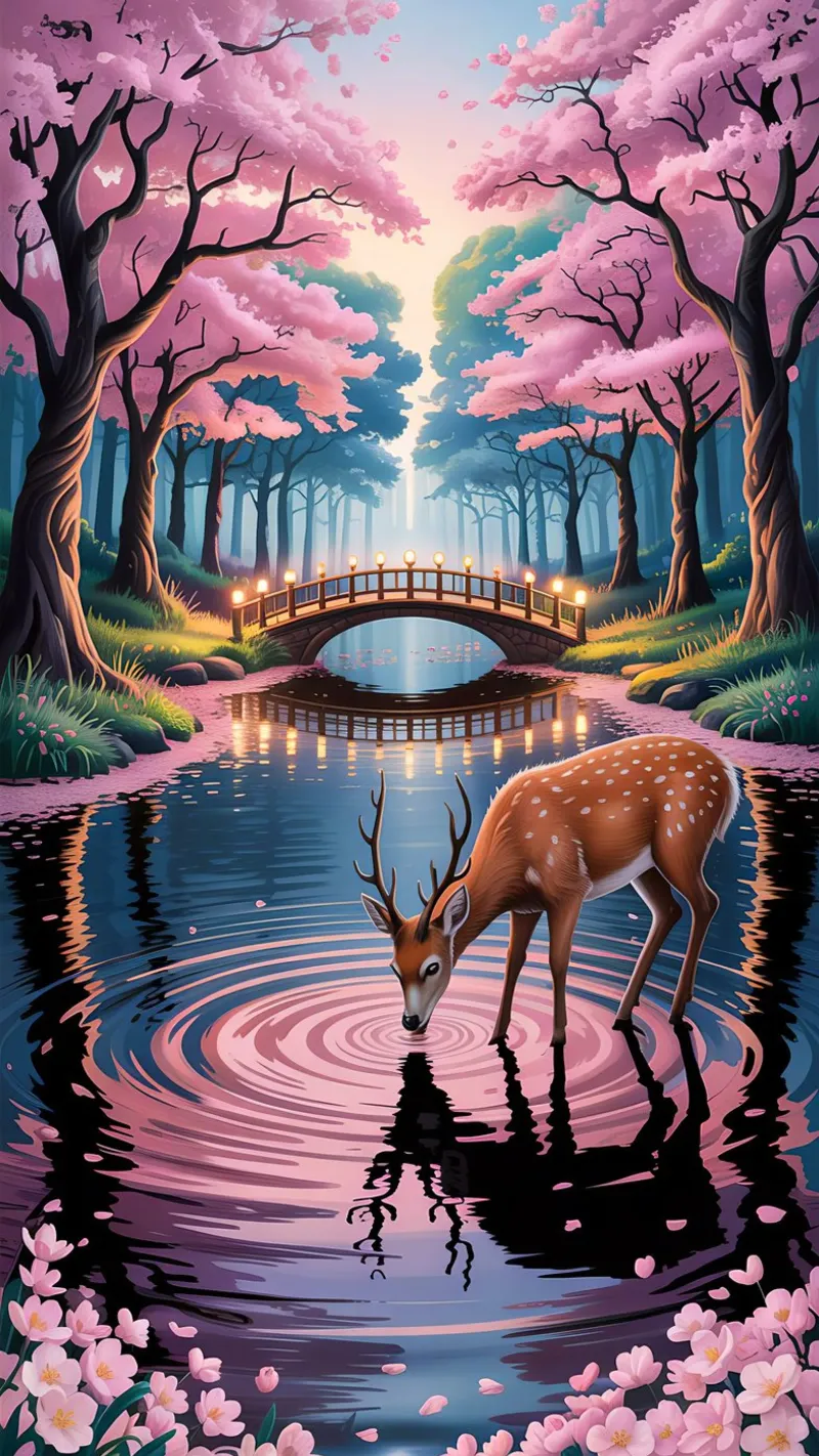 Deer With Beautiful Sakura River canvas met Baklijst van Jeff Studio