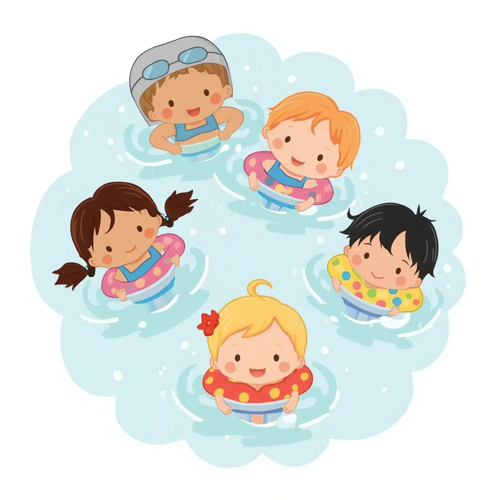 Cinq enfants flottant dans l'eau avec des anneaux de natation Caricature poster avec cadre en bois de DesignDoodle