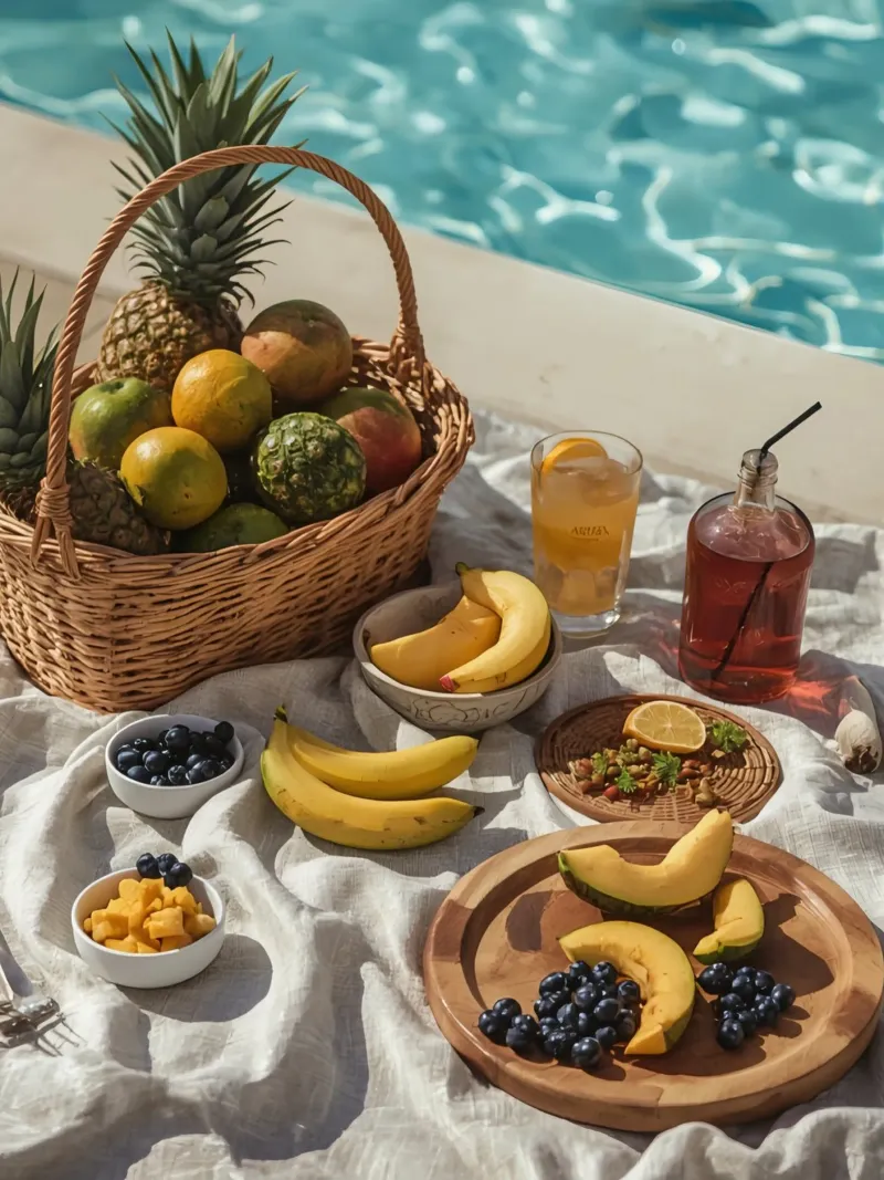 Cestino di frutta e composizione di frutta accanto a una piscina poster da DesignDoodle