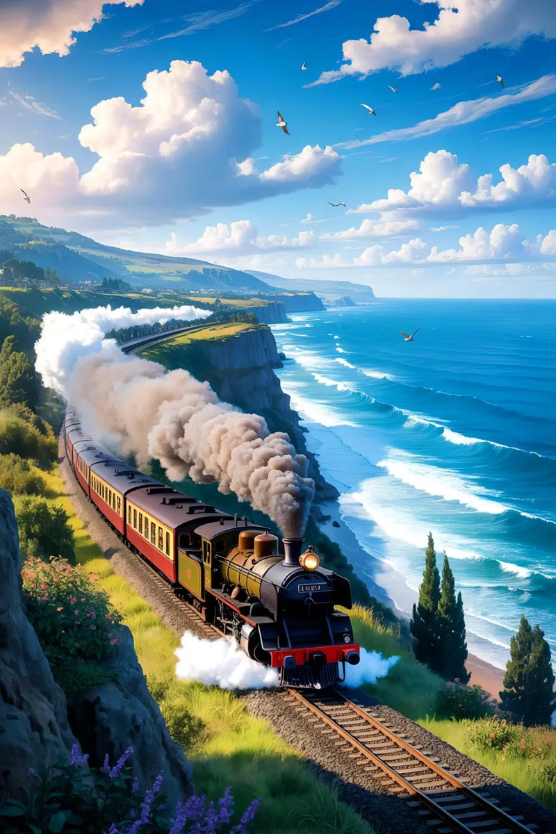 Old Train With Sea View poster con telaio in legno da Jeff Studio