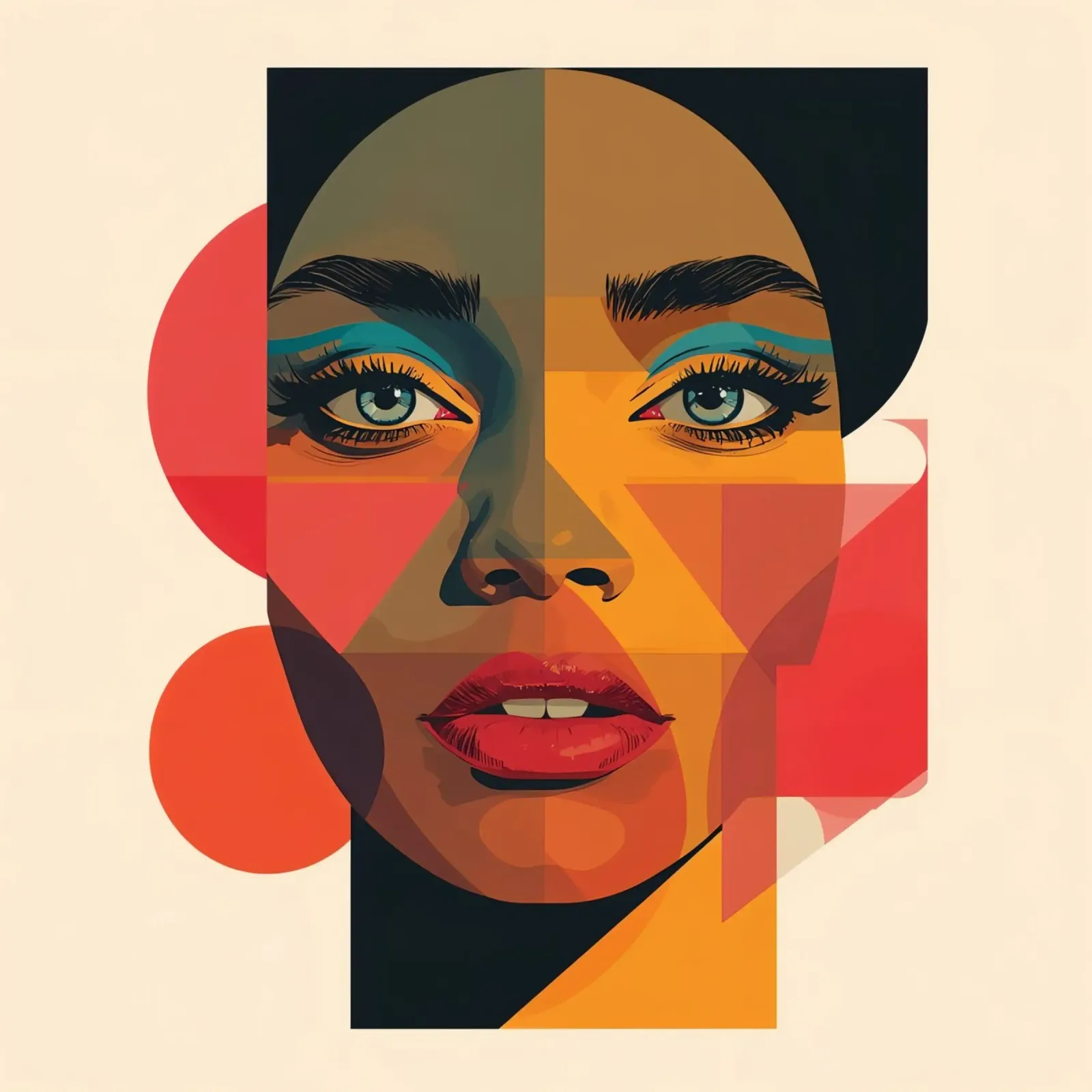 Portrait géométrique d'une femme avec un fard à paupières sarcelle poster avec cadre en plastique de DesignDoodle