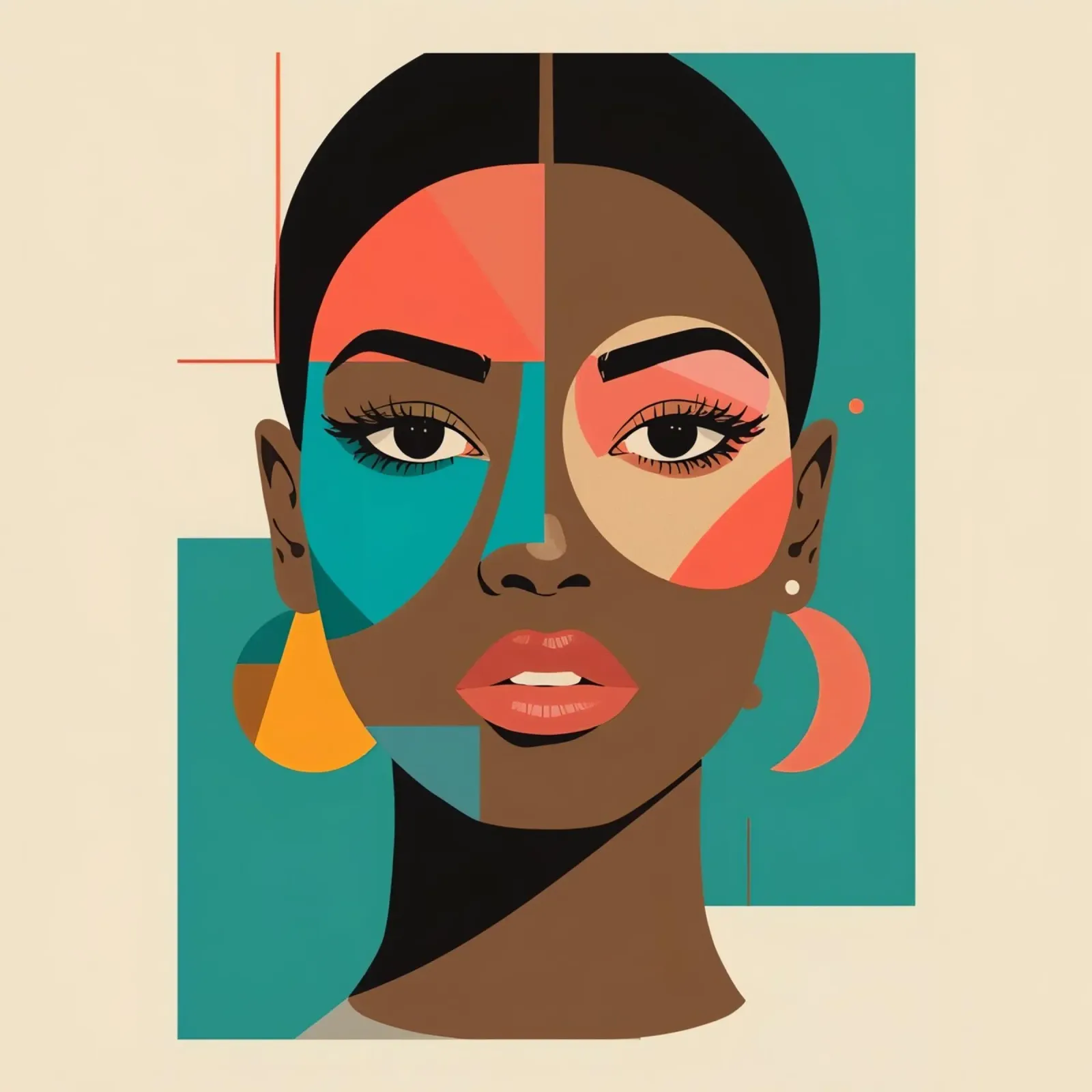Ritratto geometrico di donna con forme astratte poster con telaio in legno da DesignDoodle