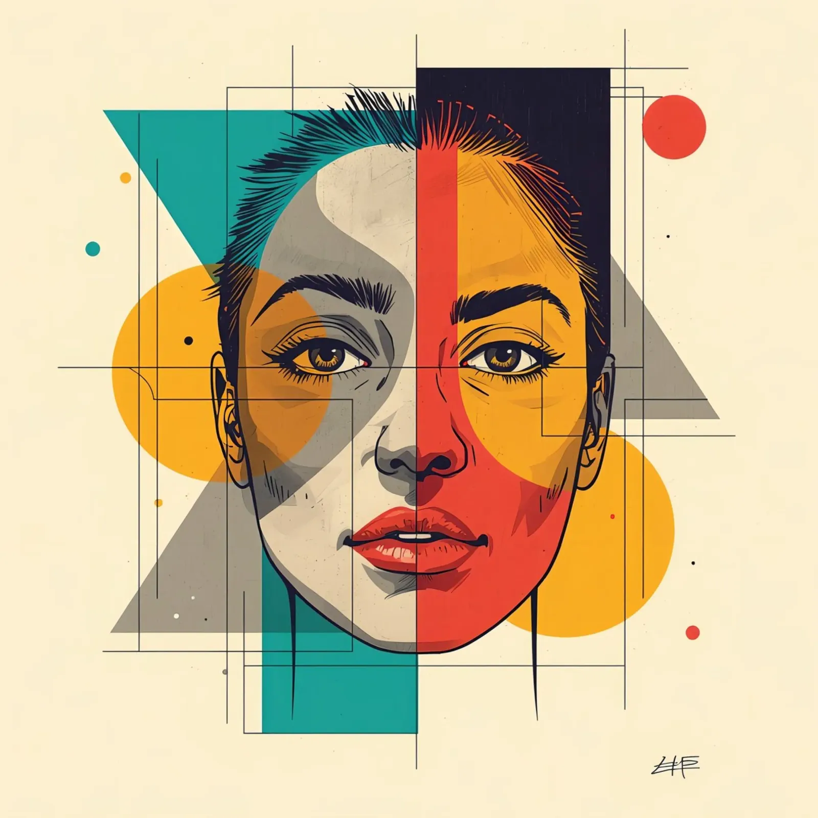 Ritratto geometrico di una donna con schema di colori diviso poster con telaio in legno da DesignDoodle