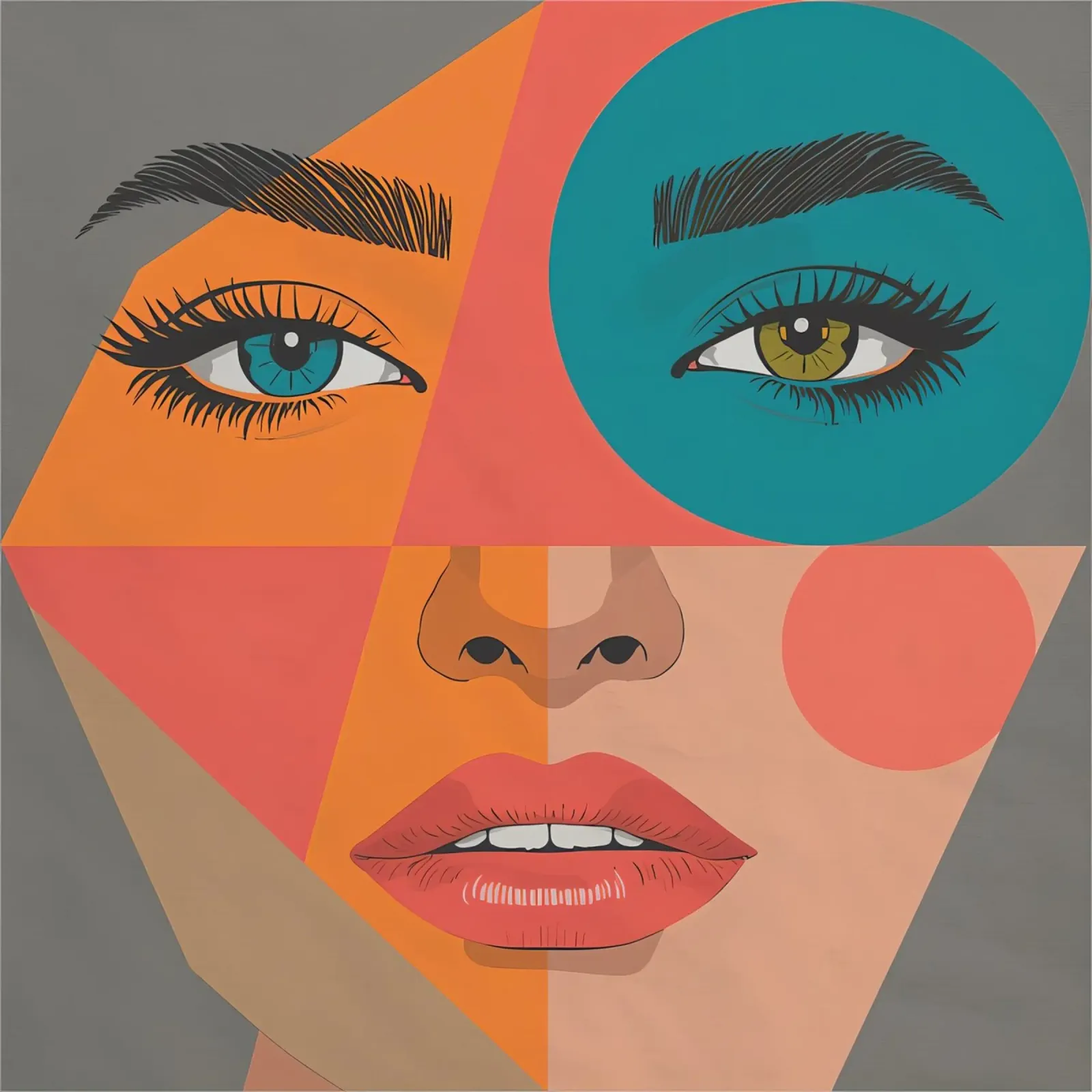 Ritratto geometrico di un volto di donna con colori differenti poster con telaio in legno da DesignDoodle