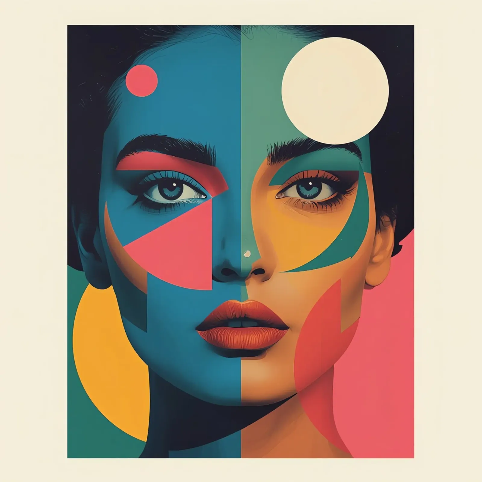 Ritratto di donna geometrica moderna con schema di colori diviso poster con telaio in alluminio da DesignDoodle
