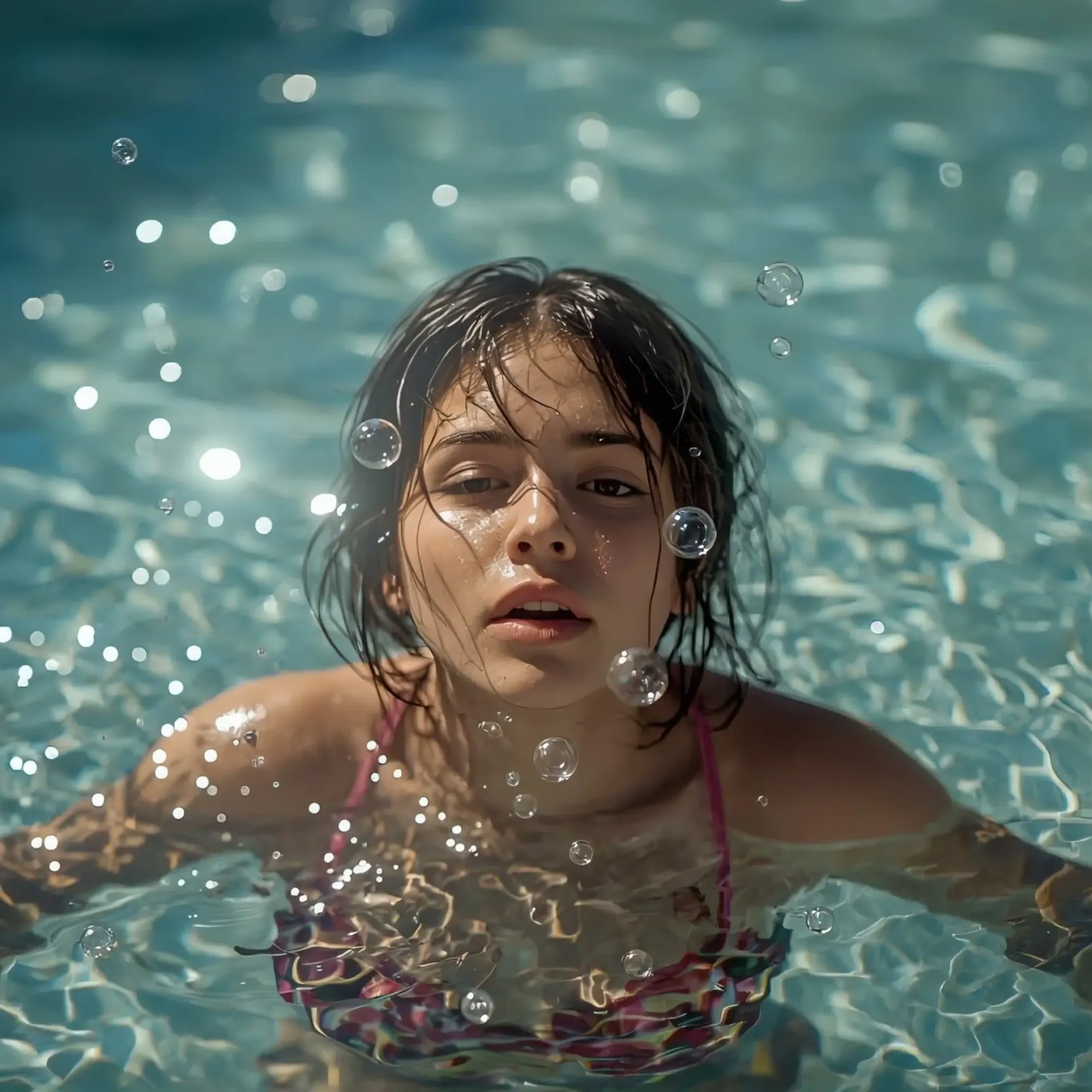 Ragazza in piscina con gocce d'acqua poster con telaio in alluminio da DesignDoodle
