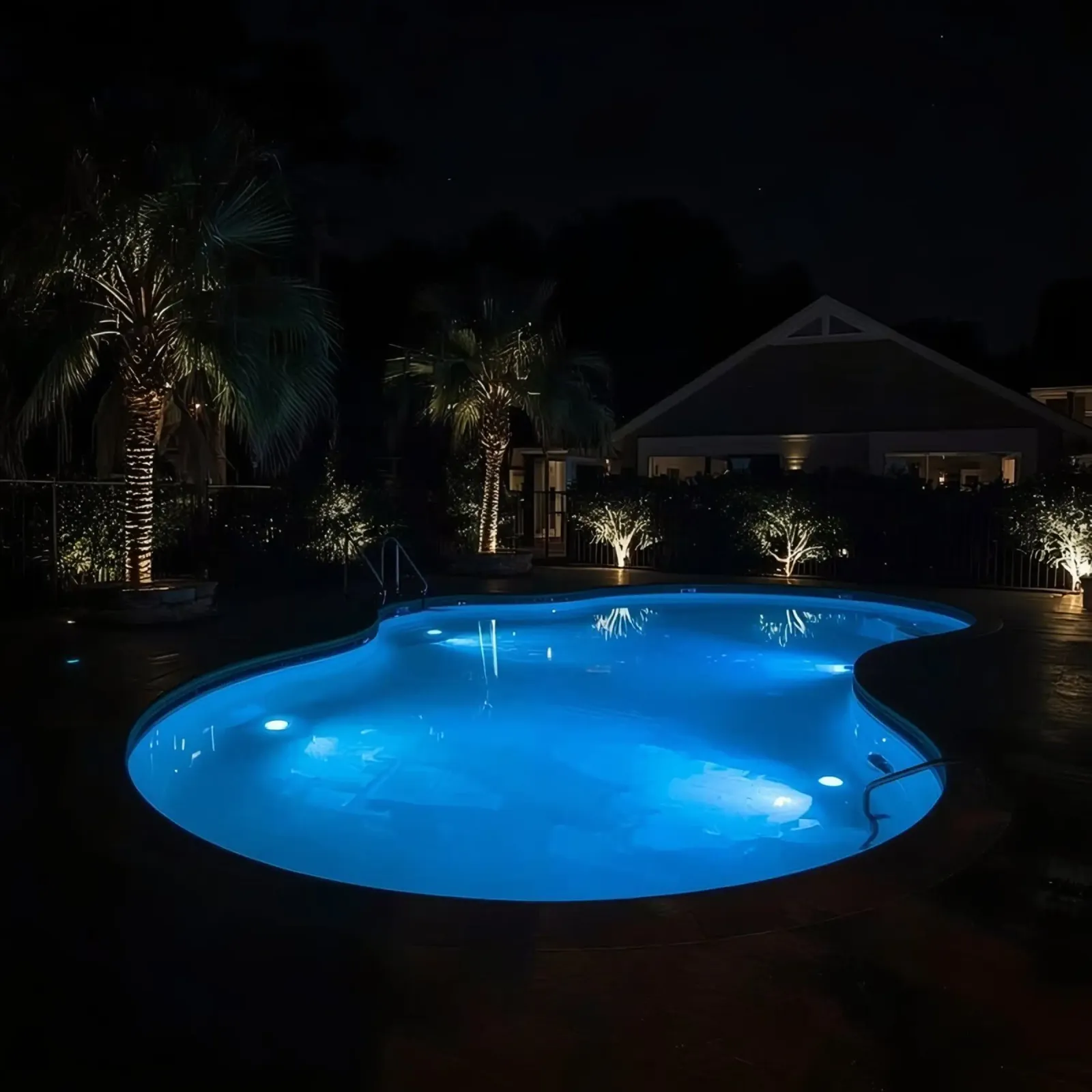Illuminated Swimming Pool at Night with Palm Trees and House canvas with Floater frame by DesignDoodle