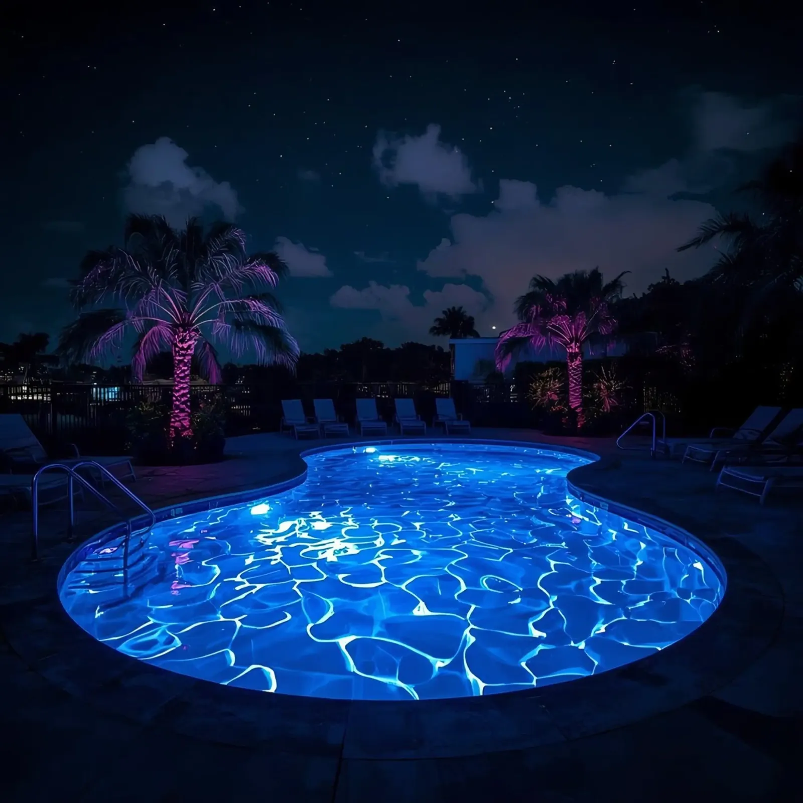Illuminated Swimming Pool at Night with Palm Trees canvas with Floater frame by DesignDoodle