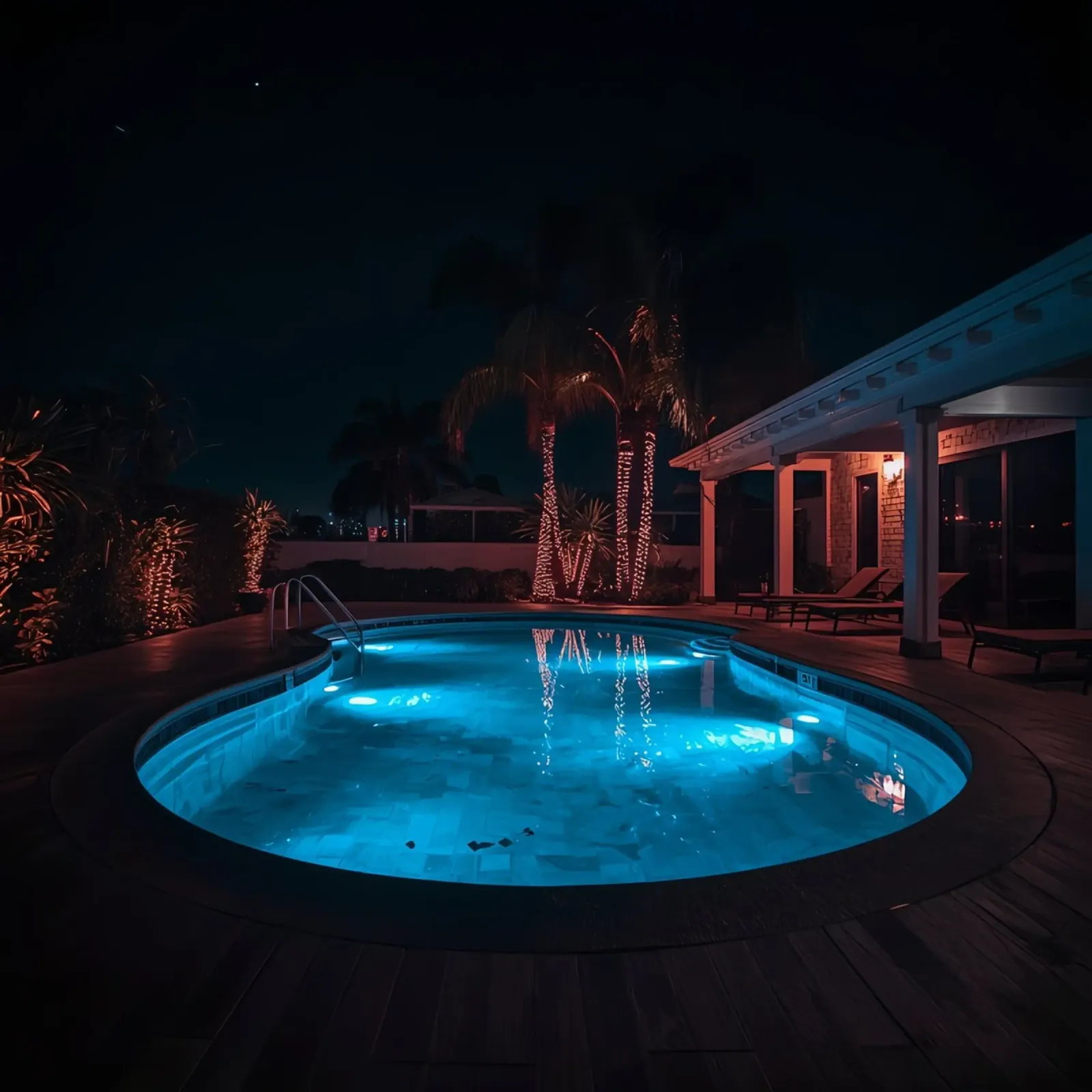 Illuminated Swimming Pool with Palm Trees poster by DesignDoodle