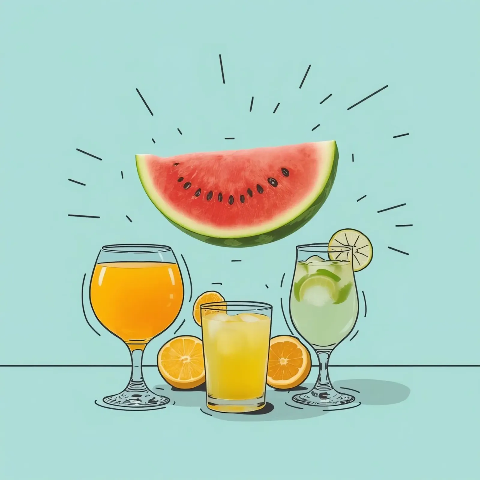 Illustration of Drinks and Fruit on Pale Blue Background canvas with Floater frame by DesignDoodle