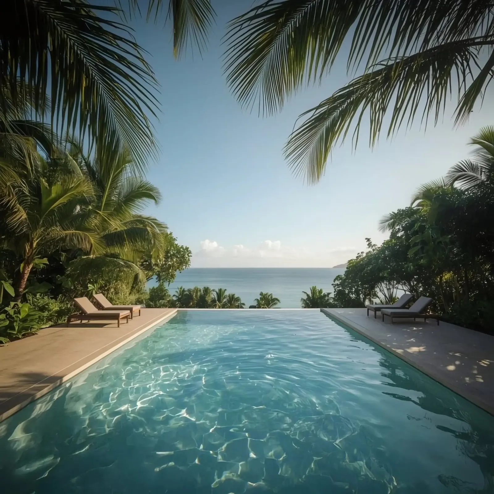 Infinity-Pool mit Blick auf das Meer mit Liegestühlen und Palmen Leinwand mit Schattenfugenrahmen von DesignDoodle