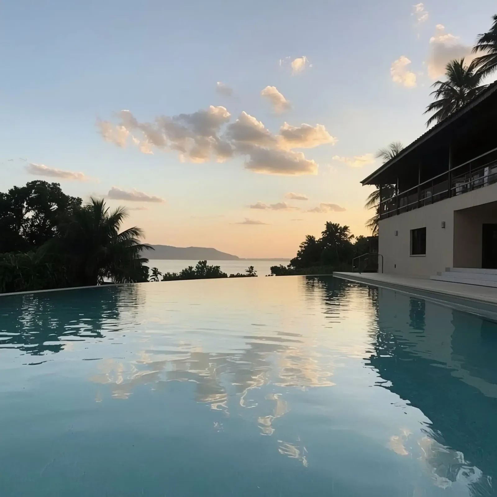 Infinity Pool View with Ocean Building and Sunset canvas with Floater frame by DesignDoodle