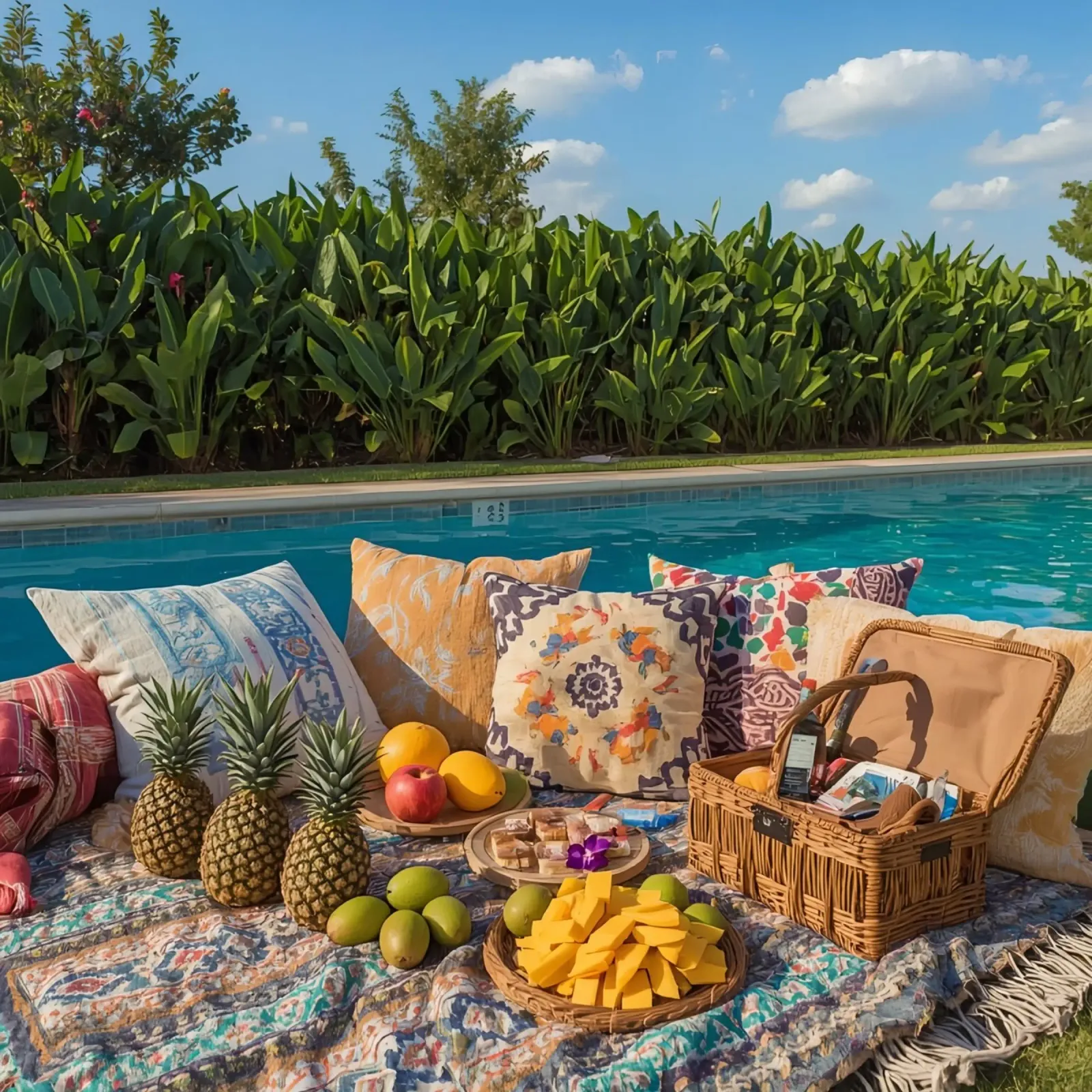 Picnic a bordo piscina con cuscini di frutta e cestino di vimini poster da DesignDoodle