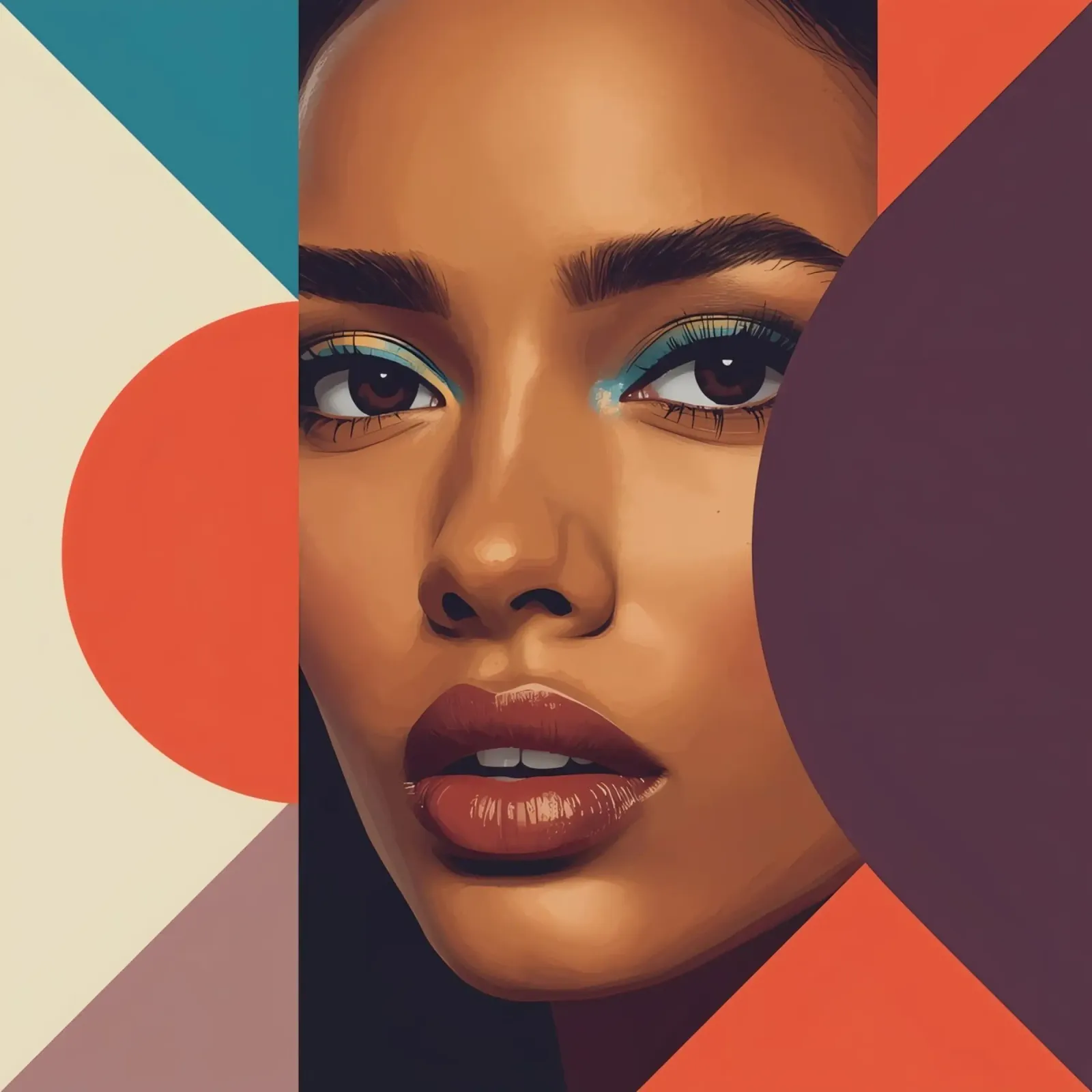 Volto di donna astratto con forme geometriche poster con telaio in legno da DesignDoodle