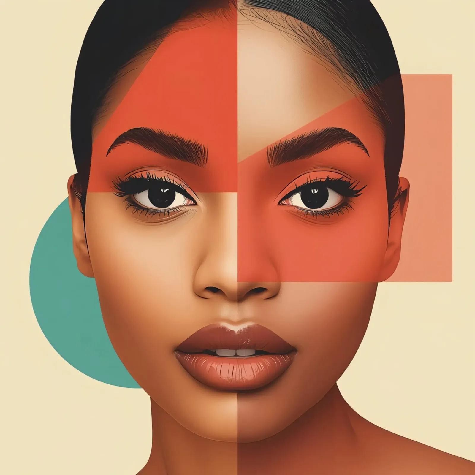 Volto di donna con sovrapposizione di forme geometriche Make up poster con telaio in legno da DesignDoodle