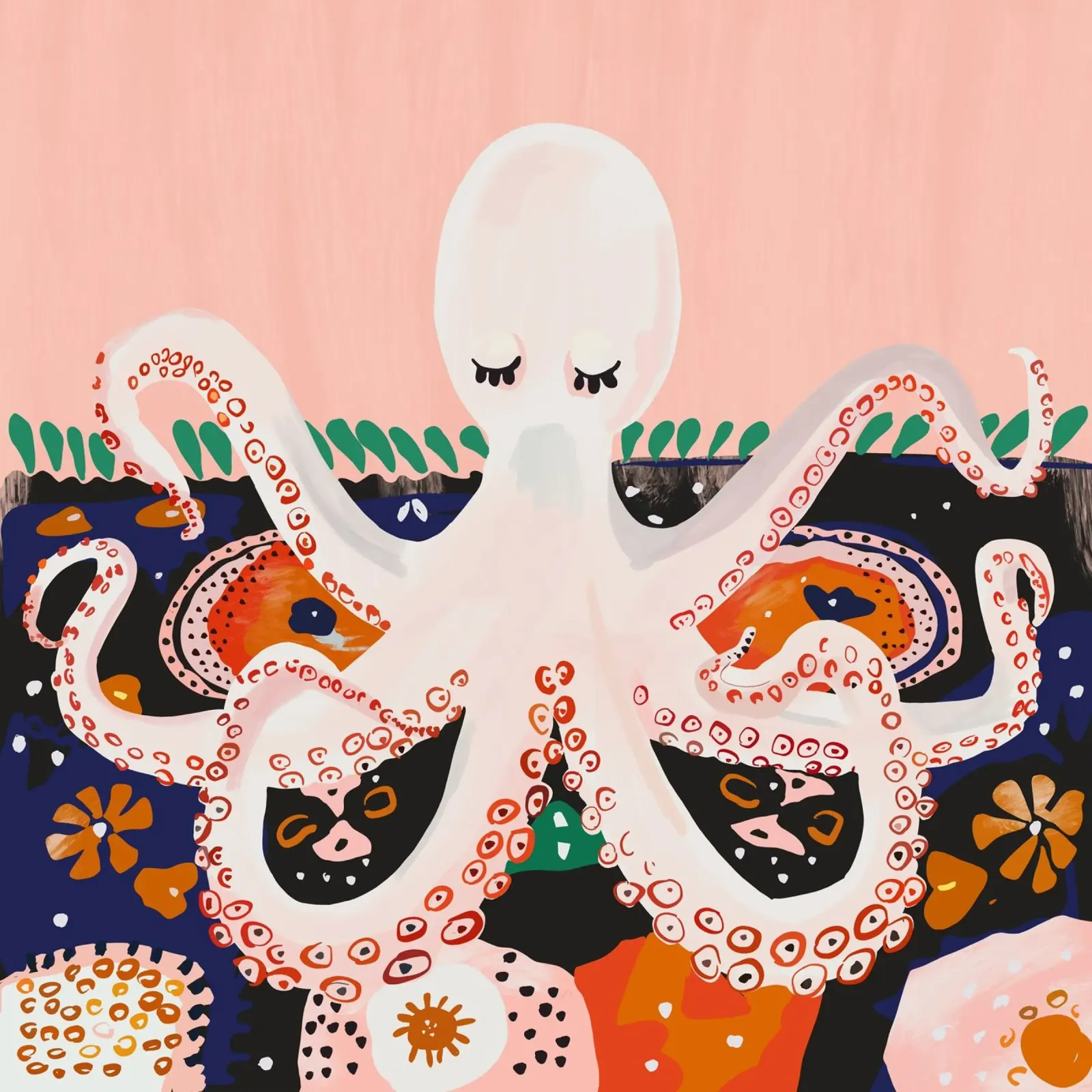 Polpo in meditazione poster con telaio in alluminio da ArtsySesta